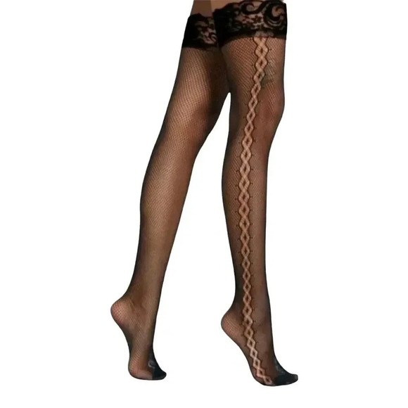 Plus Size Black Thigh High Side Detail Stocking- - Picture 1 of 4